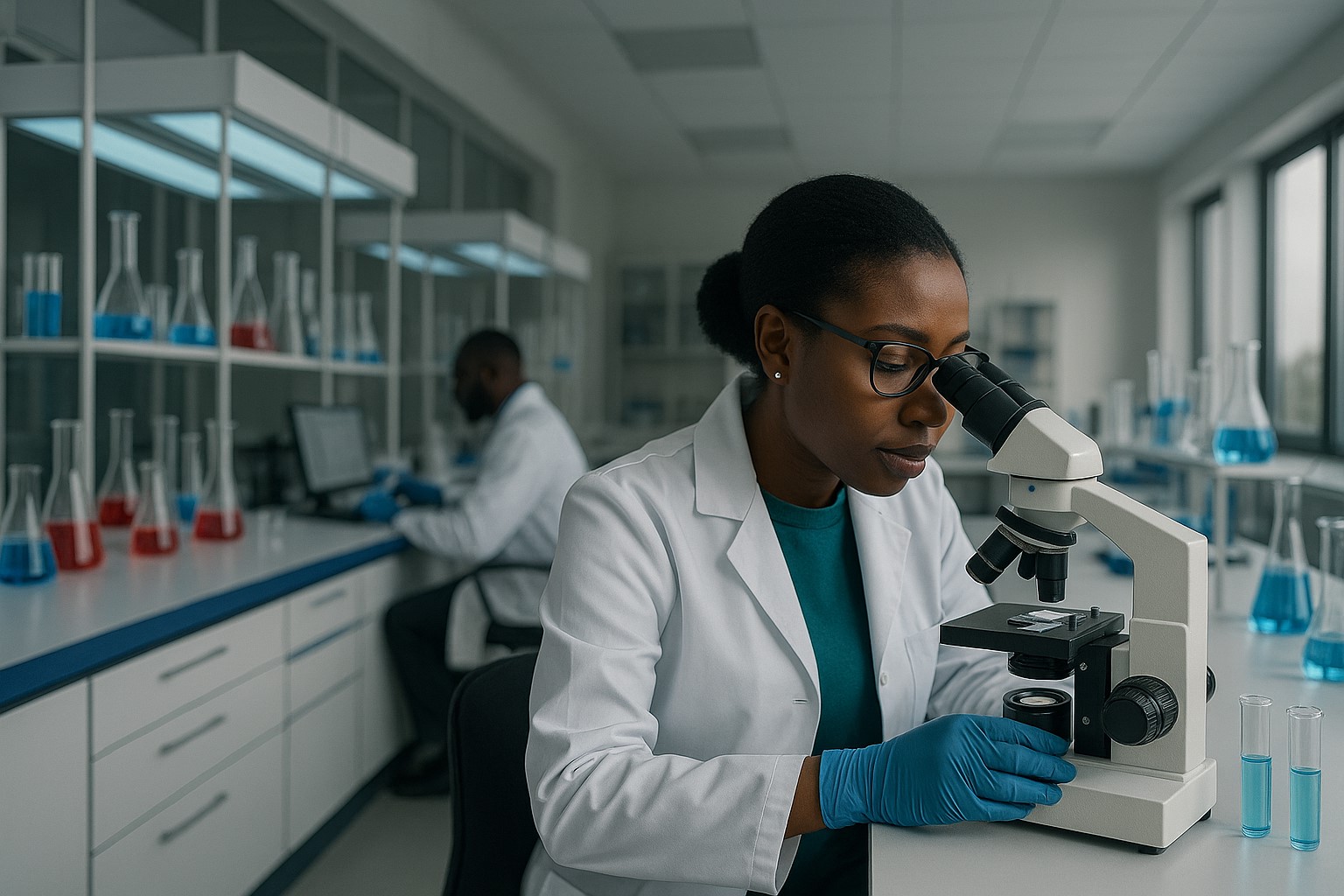 Scientist using a microscope in the lab